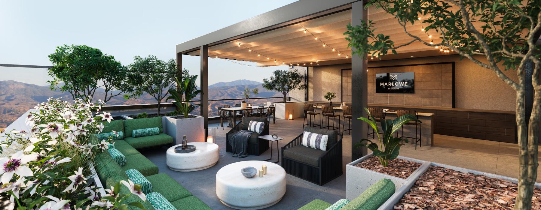 a patio with a pool and chairs
