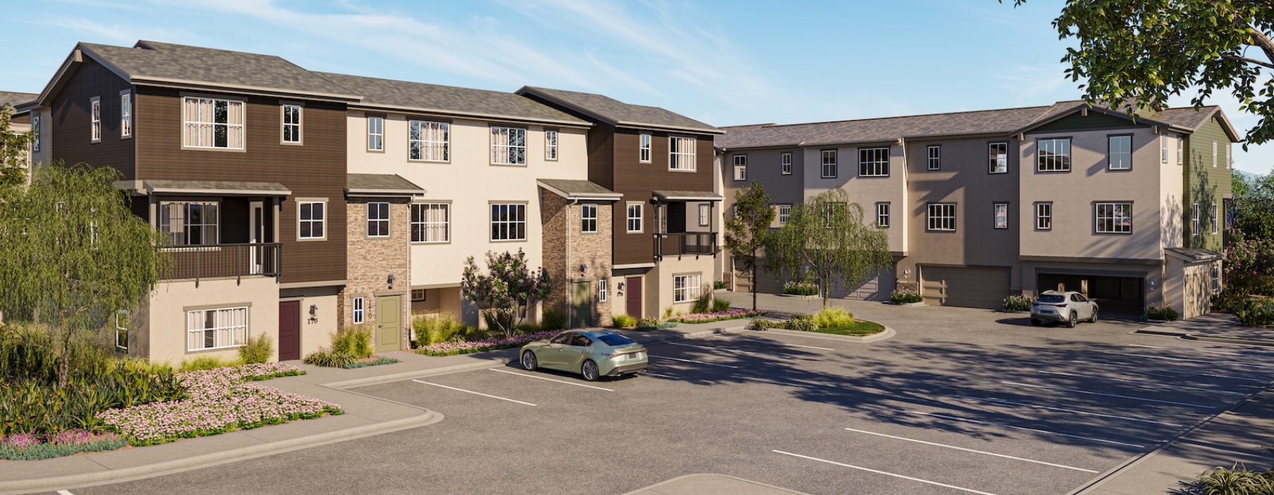 building with a large parking lot
